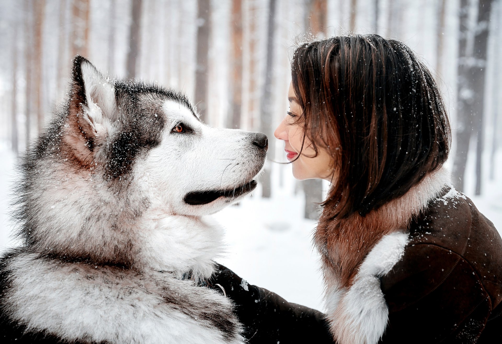 chica perro nieve mirada sonrisa