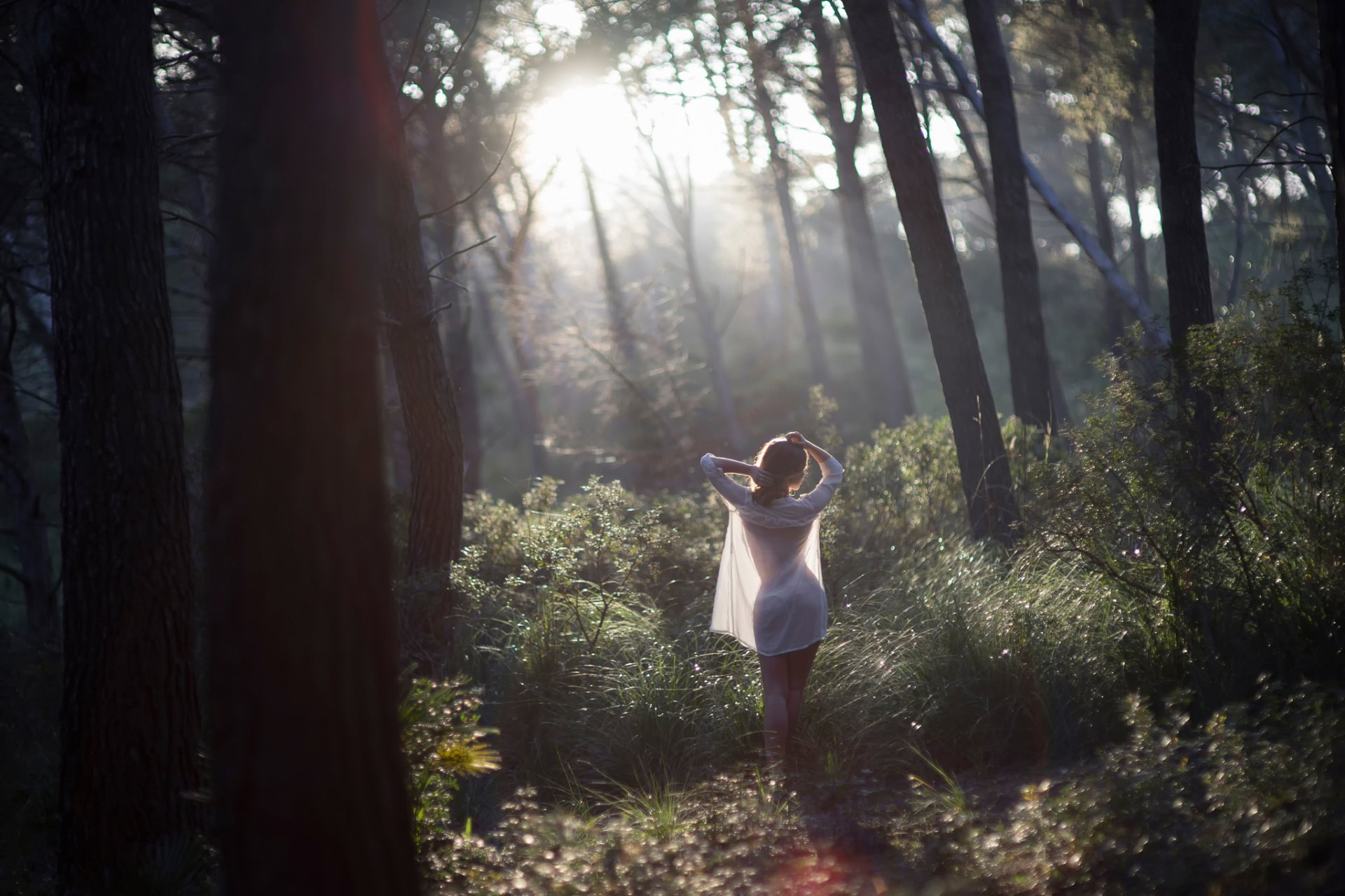 la jeune fille la forêt le matin la lumière du soleil la rosée