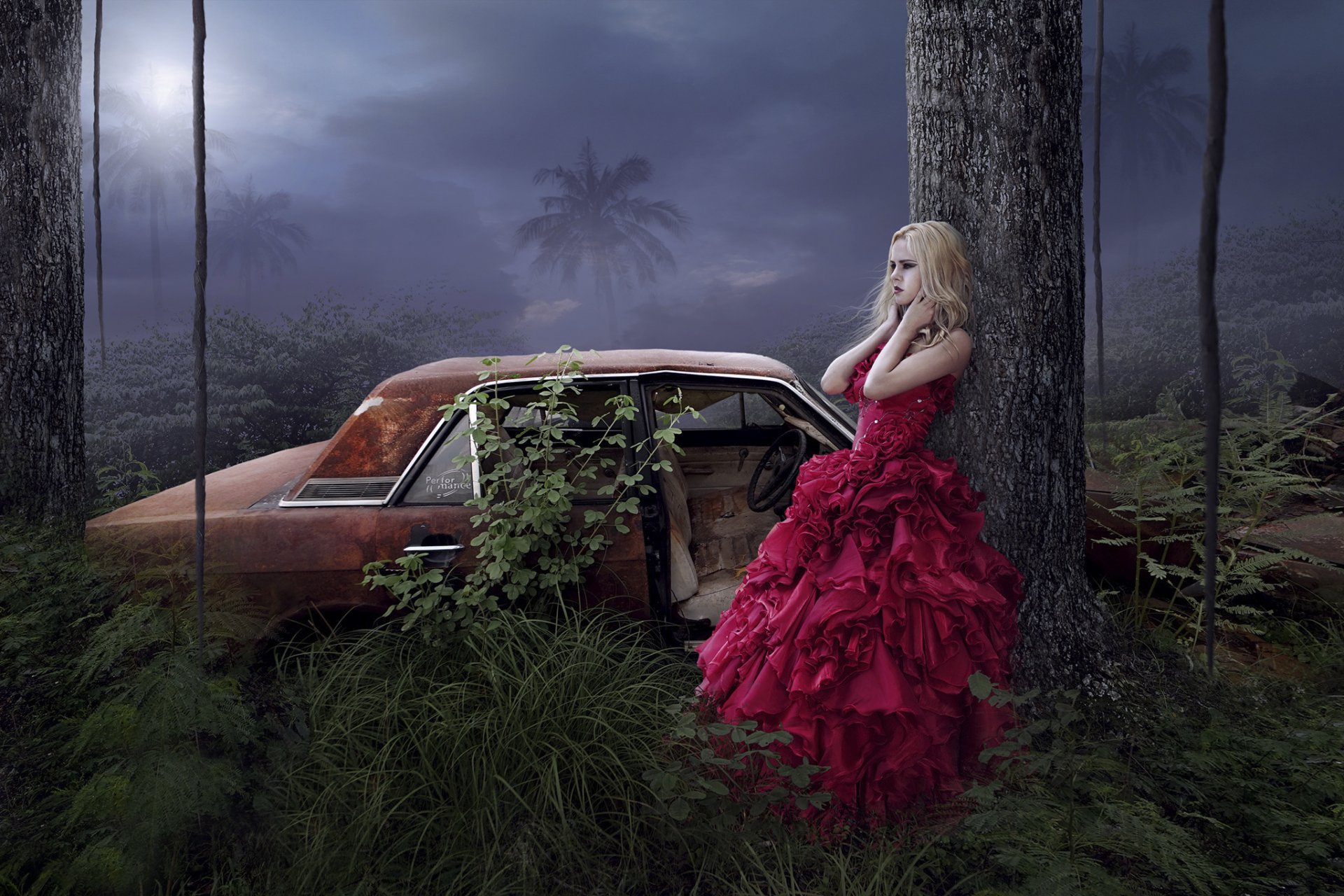 art fantasy girl dress vehicles tree palm