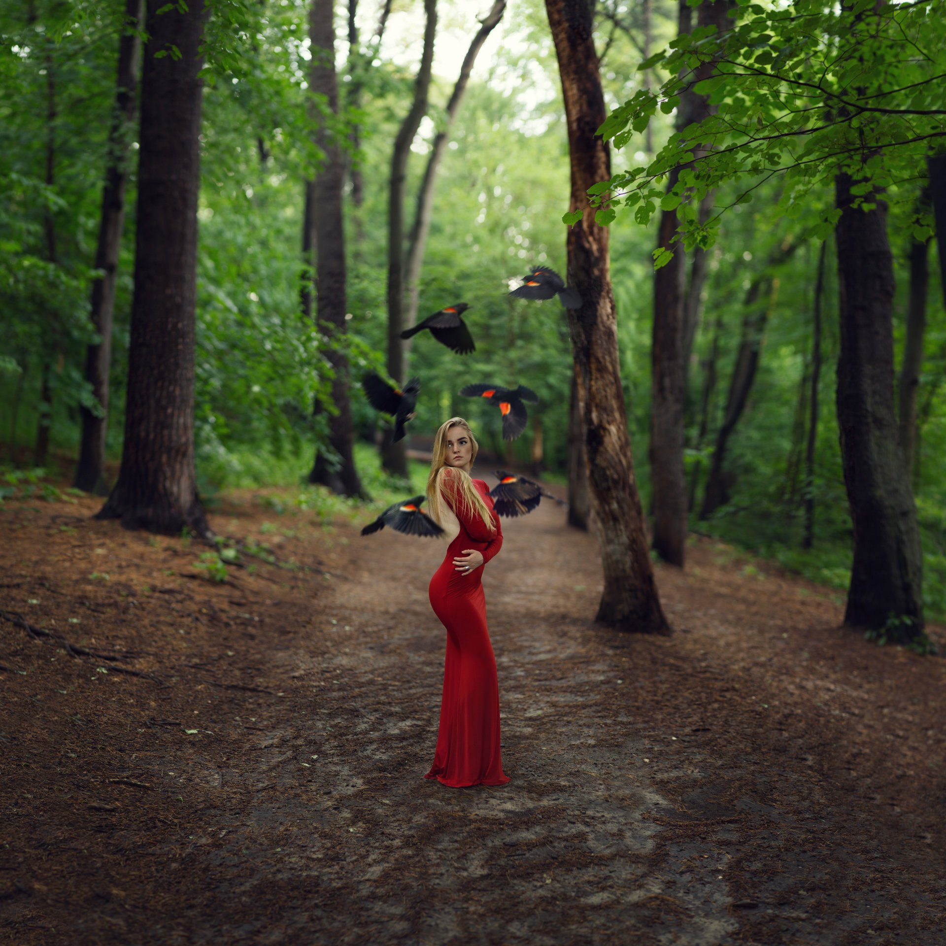 frühling mädchen in rot kleid figur vögel bäume