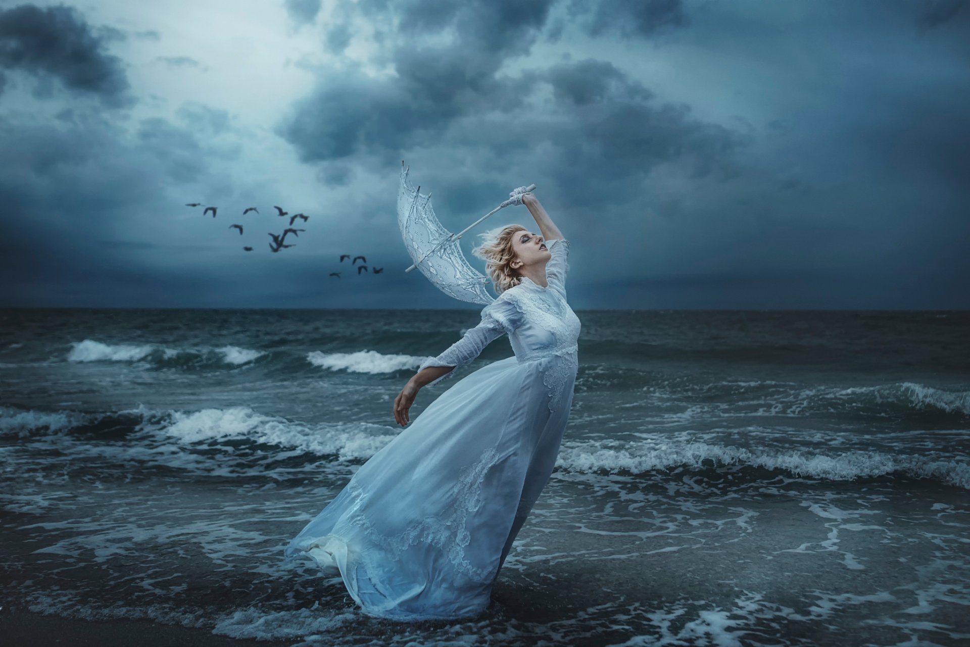 ave me girl sea beach storm umbrella wind birds tj drysdale