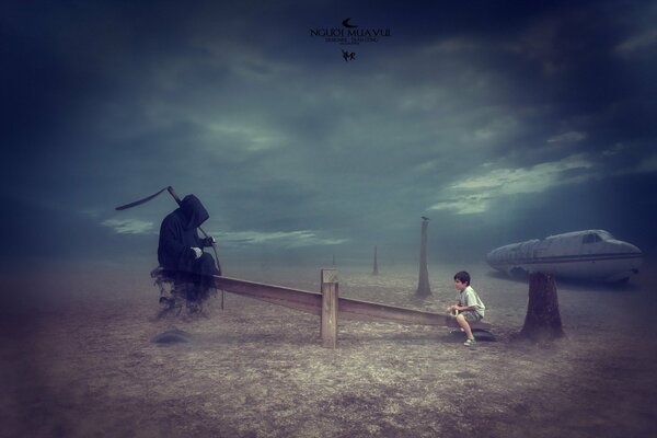 Futuristic picture where a boy swings on a swing with death