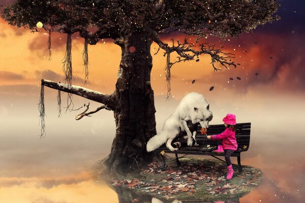 Девочка в белым волком на скамье под деревом