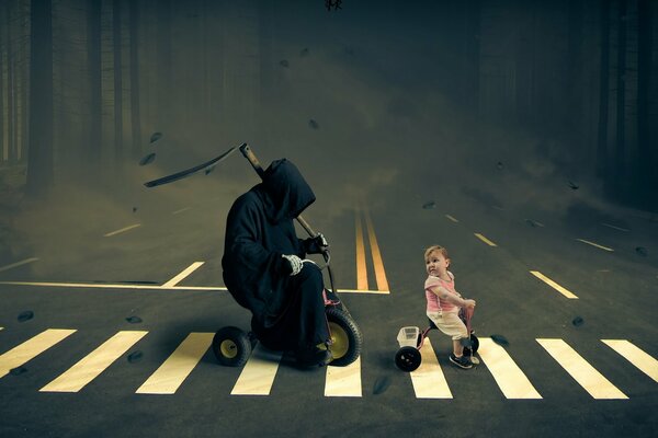 Death with a scythe chases a child on a bicycle