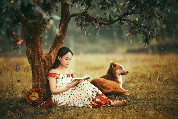 Asian woman with a fox near a tree