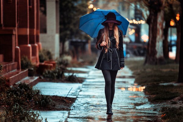 A girl under an umbrella walks in the rain