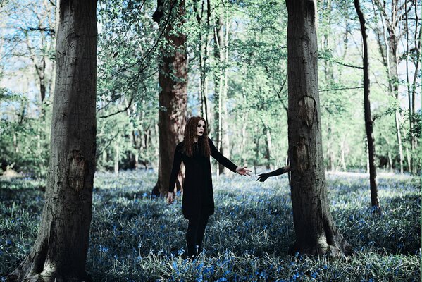 Fotossession des Mädchens im schwarzen im Wald