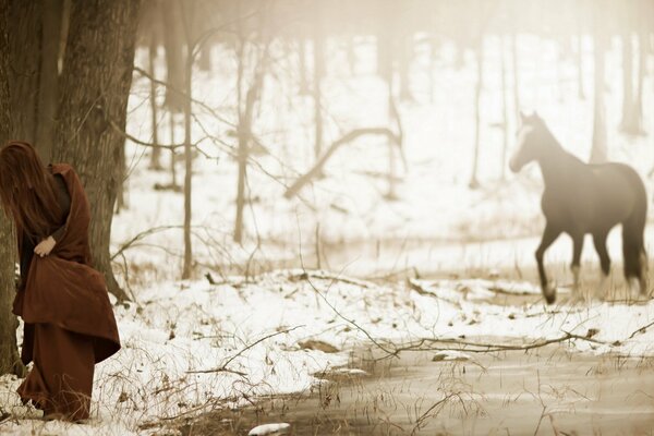 Servizio fotografico della foresta. Bella ragazza