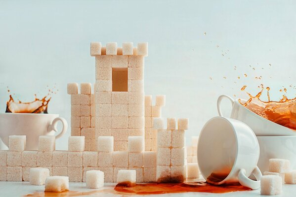 Красивый замок из сахара рафинад, с чашками горячего чая