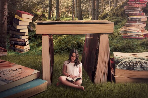 Chica sentada en el bosque entre un montón de libros