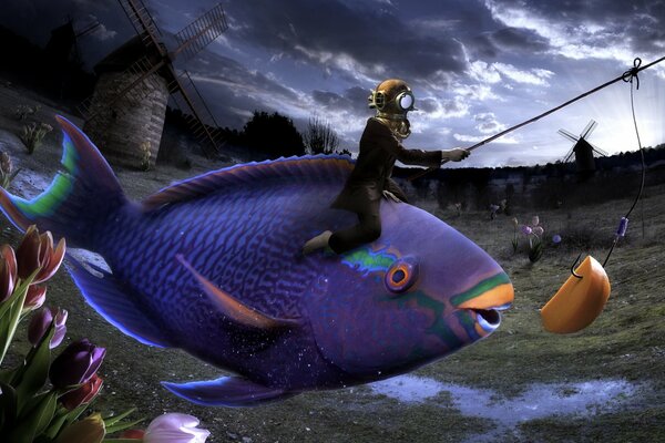 Ein surreales Bild mit einem Mädchen in einem Tauchhelm, das auf einem Fisch reitet, der einen Köder am Haken jagt. Im Hintergrund Mühlen und Tulpen