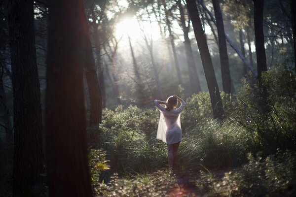 Walking on the dew in the deep forest