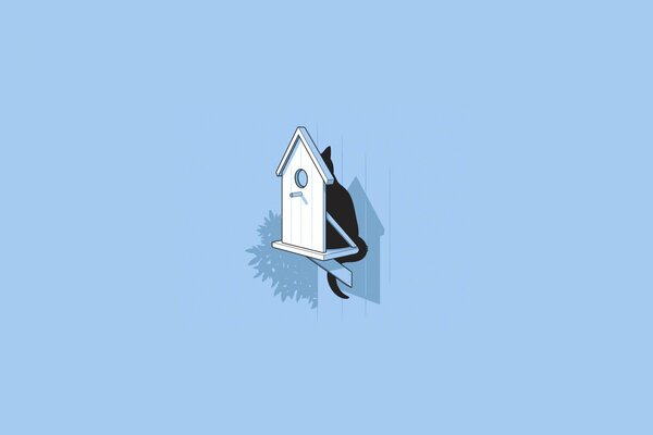 Minimalist image of a birdhouse and a cat