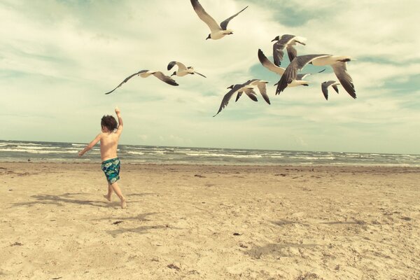 A child runs after seagulls on the beach retro filter