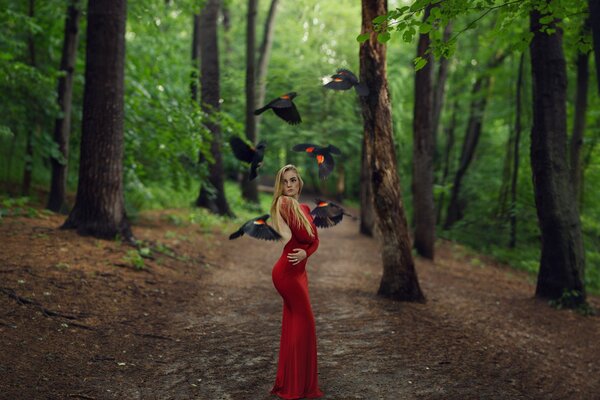 Ein Mädchen in einem schönen Kleid steht inmitten eines Waldes, umgeben von Vögeln