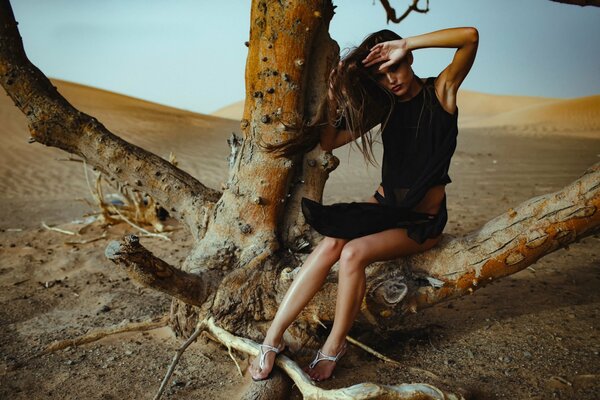 Chica modelo sentada en un árbol en el desierto