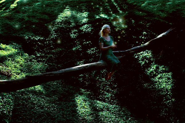 A girl in a green dress in a forest on a tree