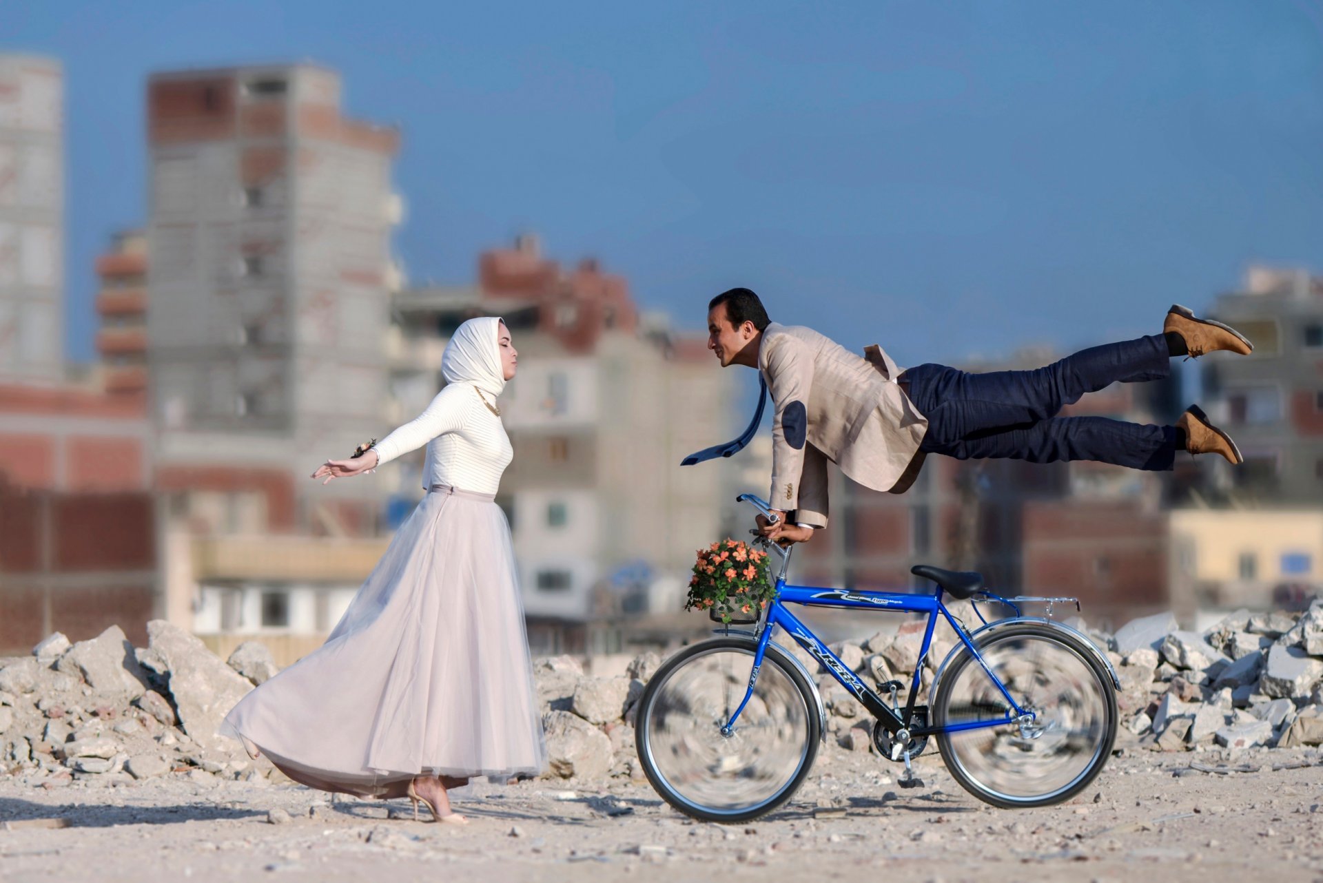 bride groom bike toward love