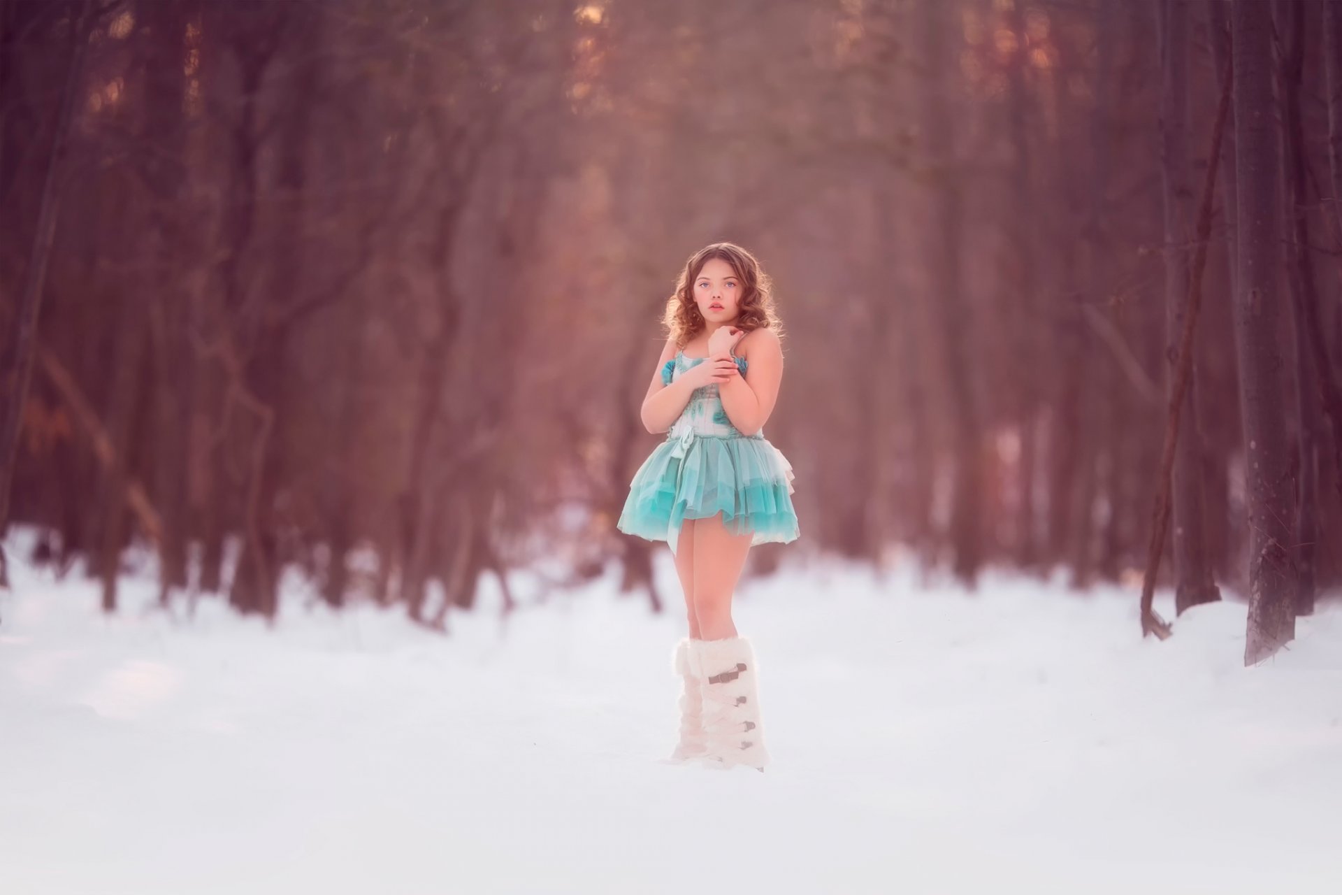 blue girl dress winter snow forest