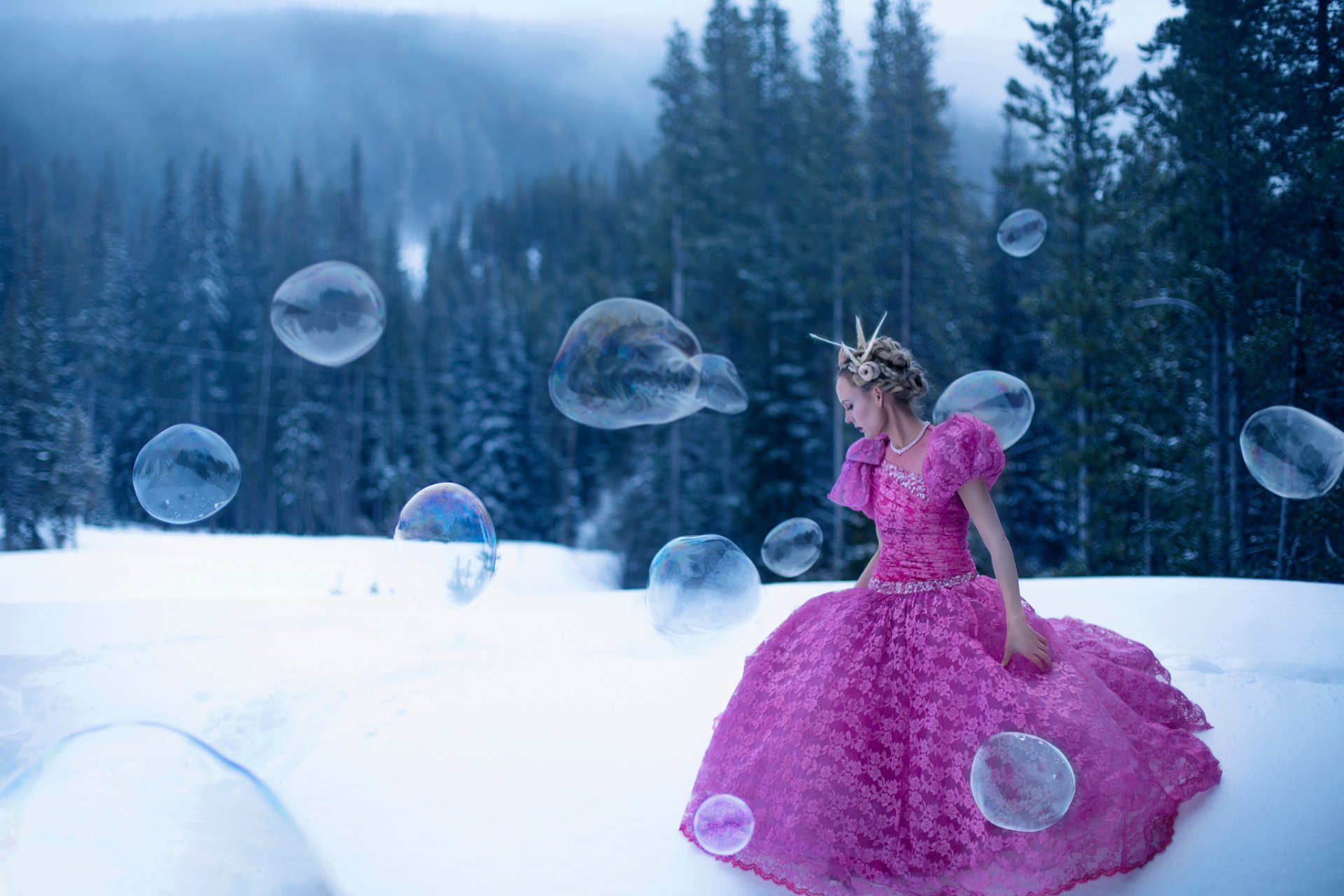 lichon chica vestido nieve bosque burbujas de jabón