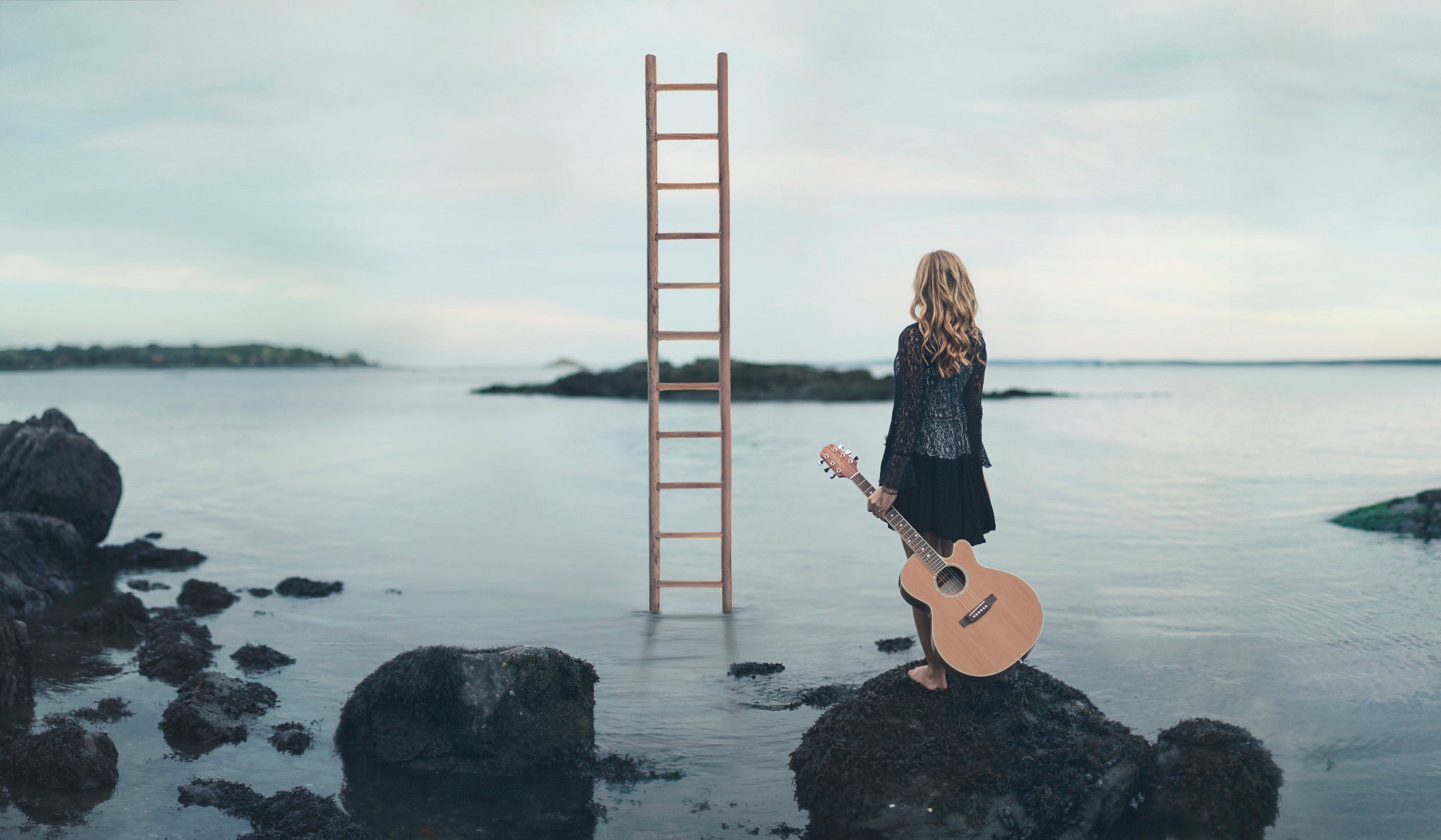 escape route girl guitars stones beach stair