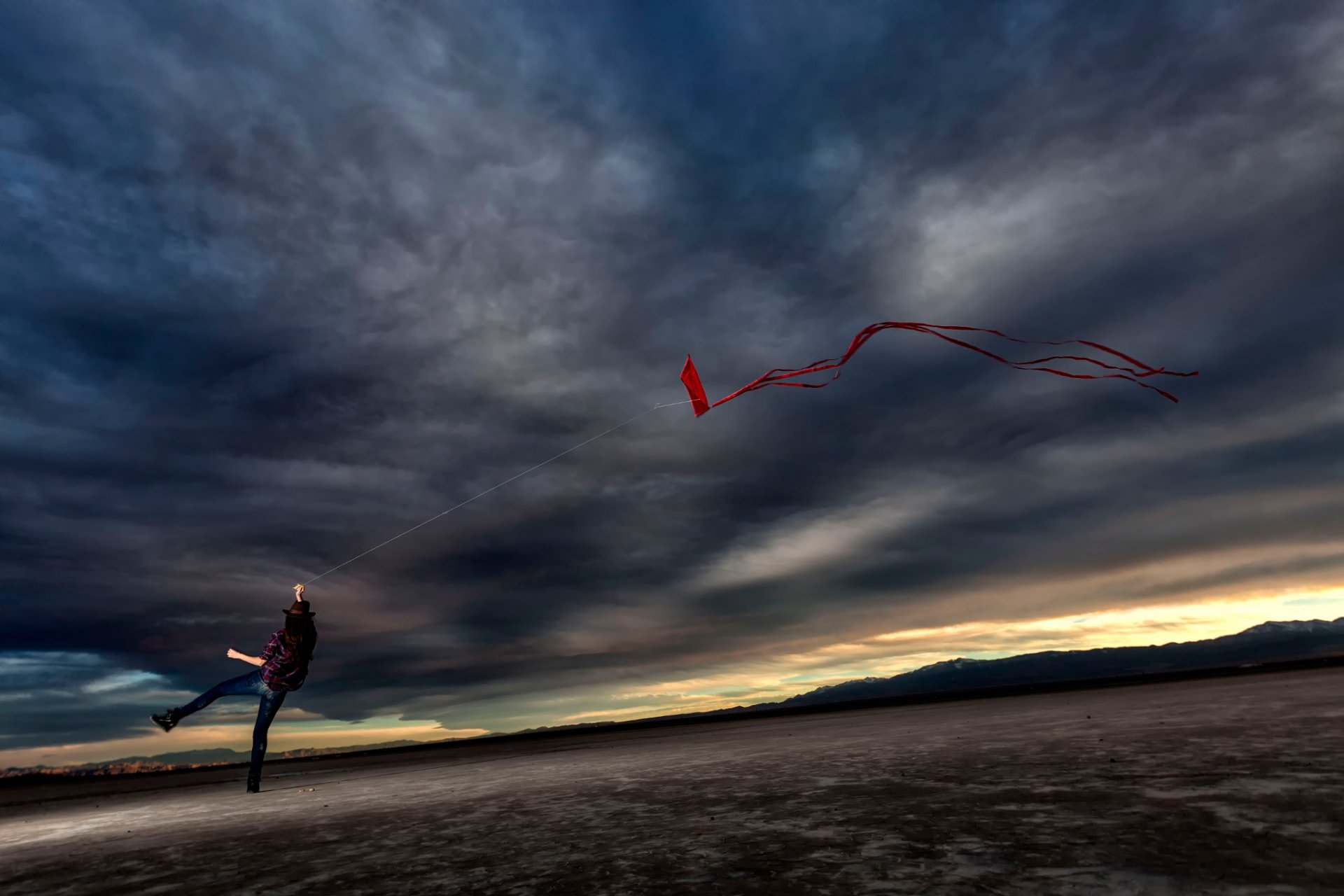 clouds girl wind kite