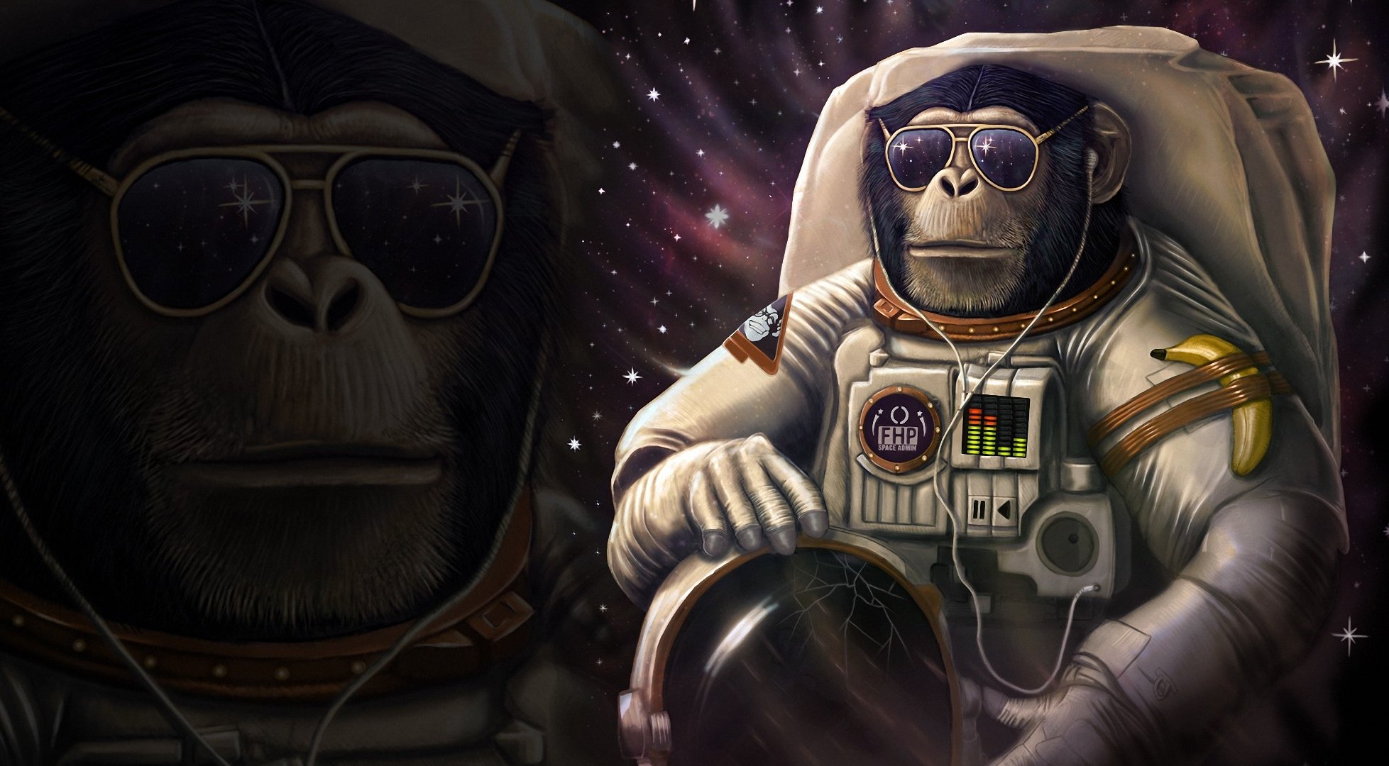 chimpanzee monkey suit helmet banana sunglasses humor of the crack headphone