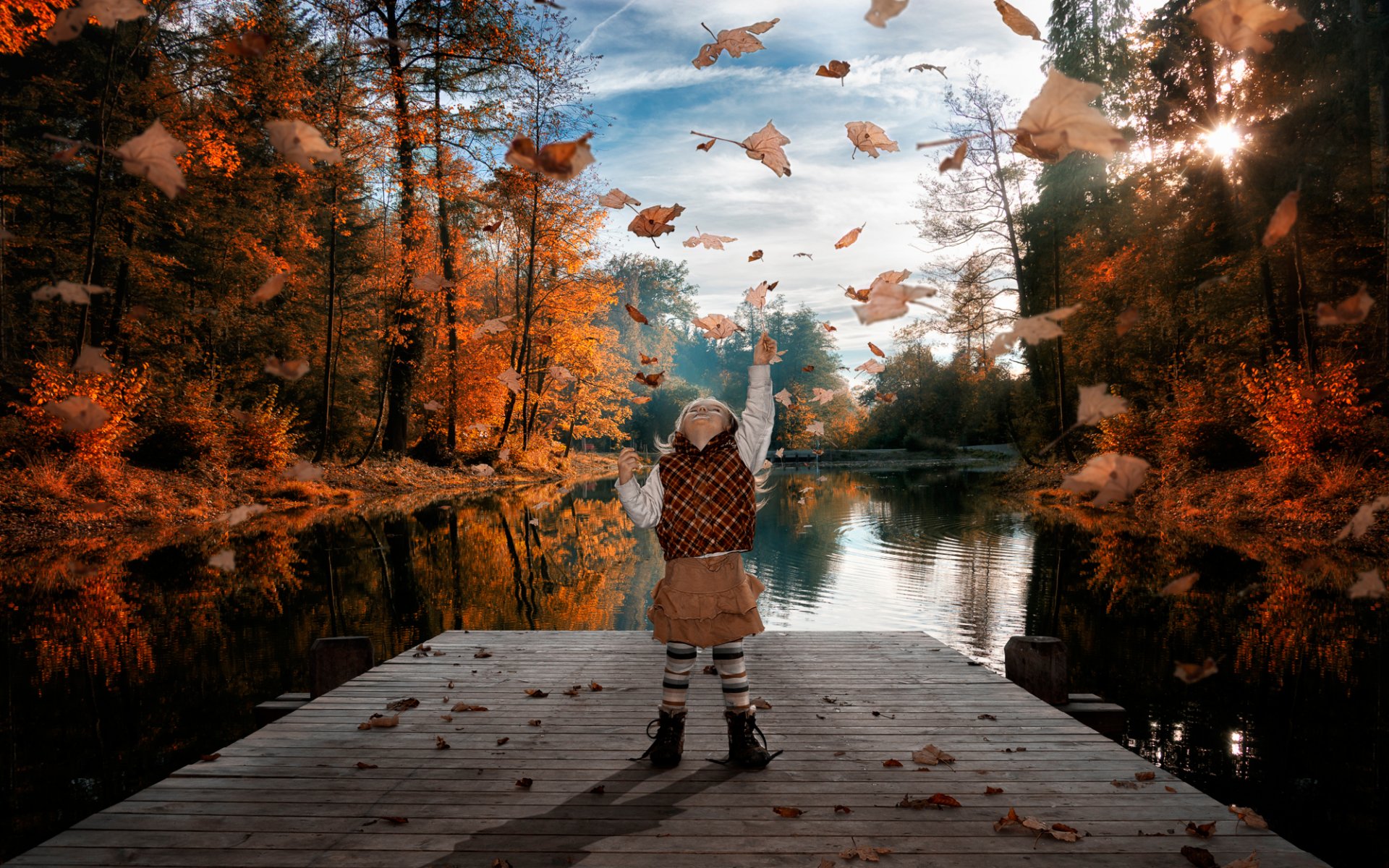 girl leaves happiness autumn