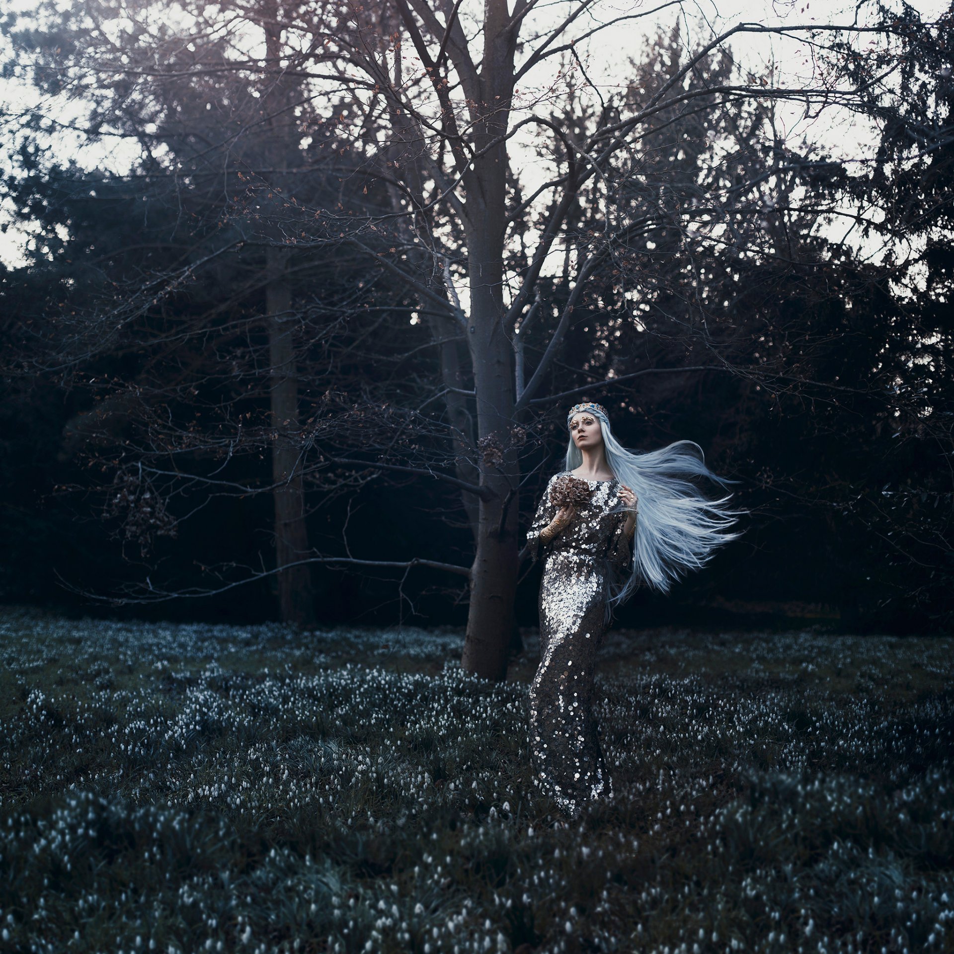 frühlingserwachen mädchen wald schneeglöckchen frühling kleid