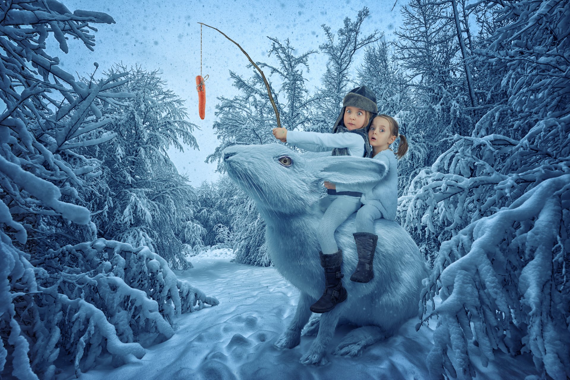 filles enfants lièvre des neiges carotte forêt d hiver