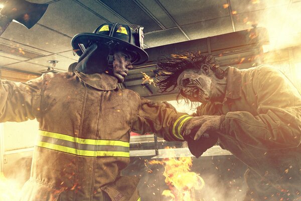 Pompier lutte contre les zombies dans le feu