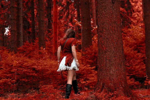 Девушка на фоне красного леса