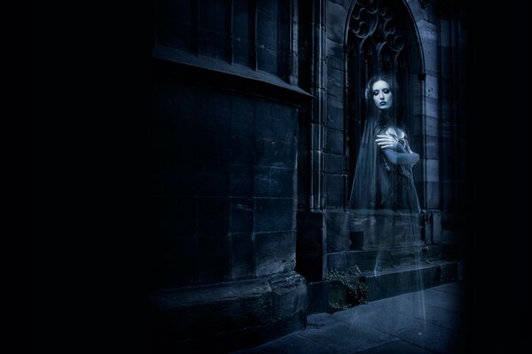 A ghost in the castle. Reflection. Girl