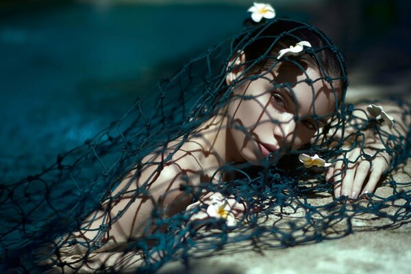 A beautiful mermaid in nets, the sea