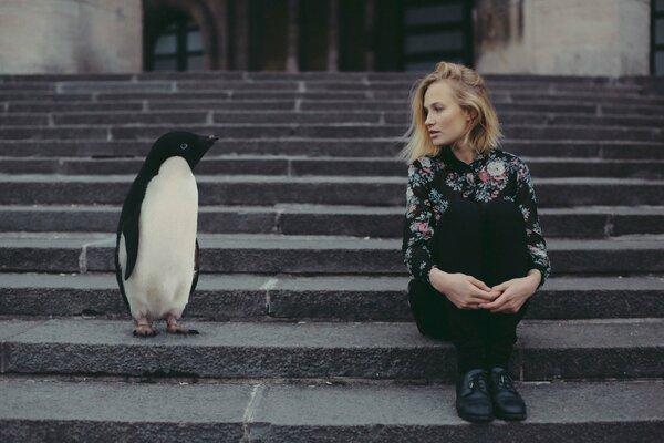 Dziewczyna z pingwinami siedzącymi na schodach