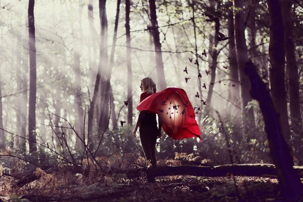 Chica con capa roja en el bosque de otoño