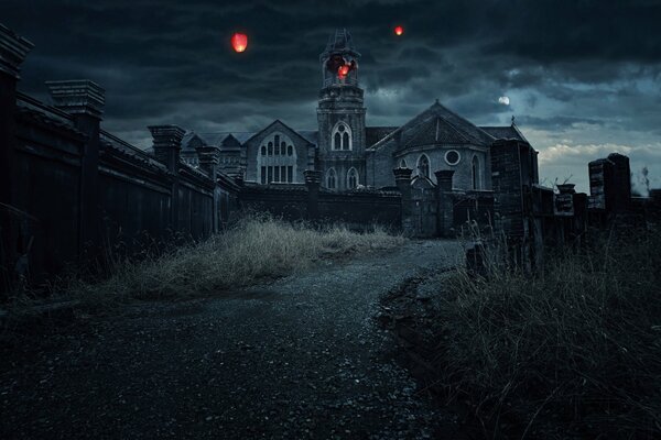 Foto del monastero notturno con lanterne nel cielo