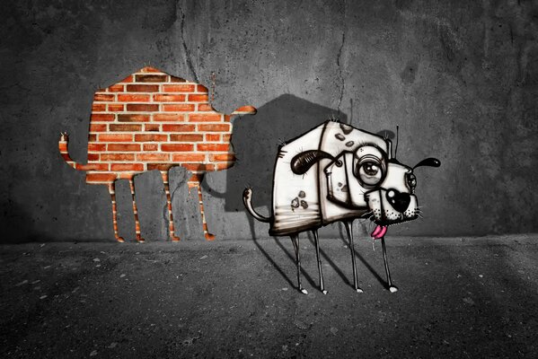Креативный рисунок собаки на фоне серой стены