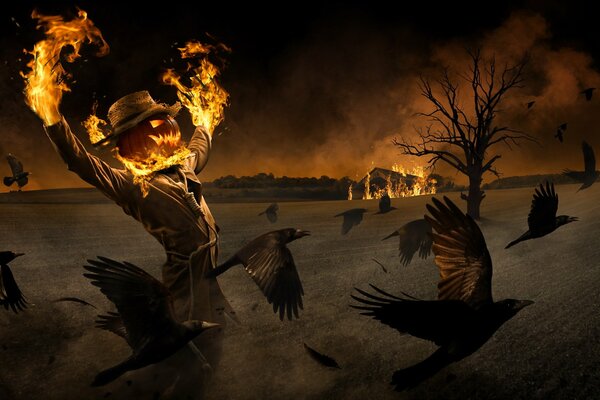 Espantapájaros en llamas los cuervos de Halloween se dispersan
