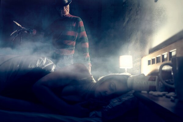 The girl sees Freddy Krueger in a dream