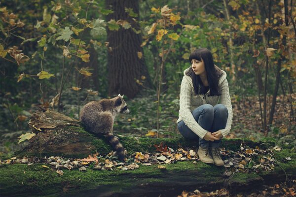 A girl is sitting in the company of a raccoon in the forest