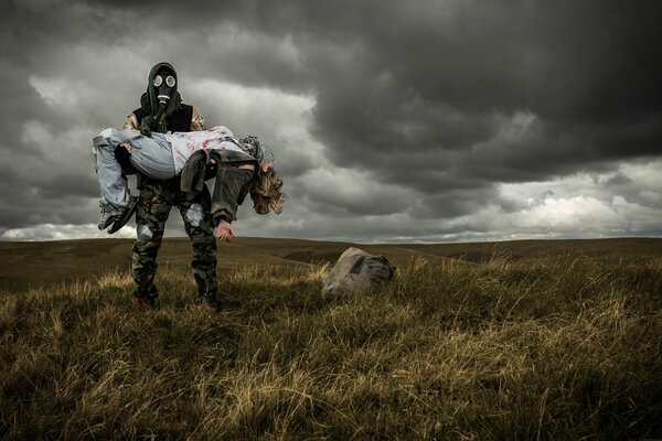 A man in a gas mask tried to save a girl