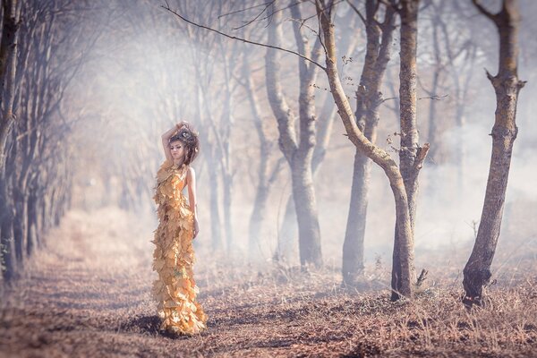 A dress made of autumn leaves on a girl