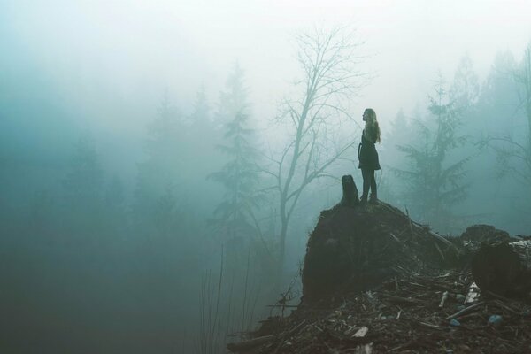 Ragazza con il cane sulla collina nella foresta nebbiosa