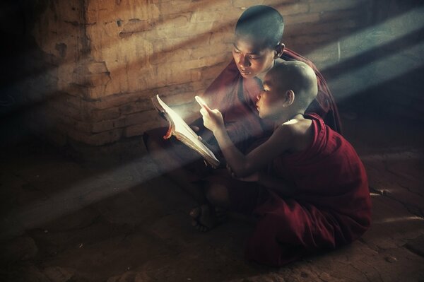 Монахи-дети сидят и читают книгу