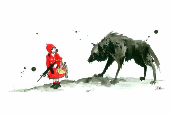 Little Red Riding Hood with a gun and a gray wolf