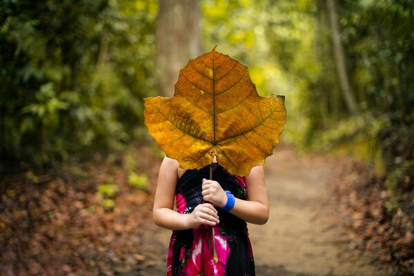 Chica de pie en el bosque escondiéndose detrás de una enorme hoja