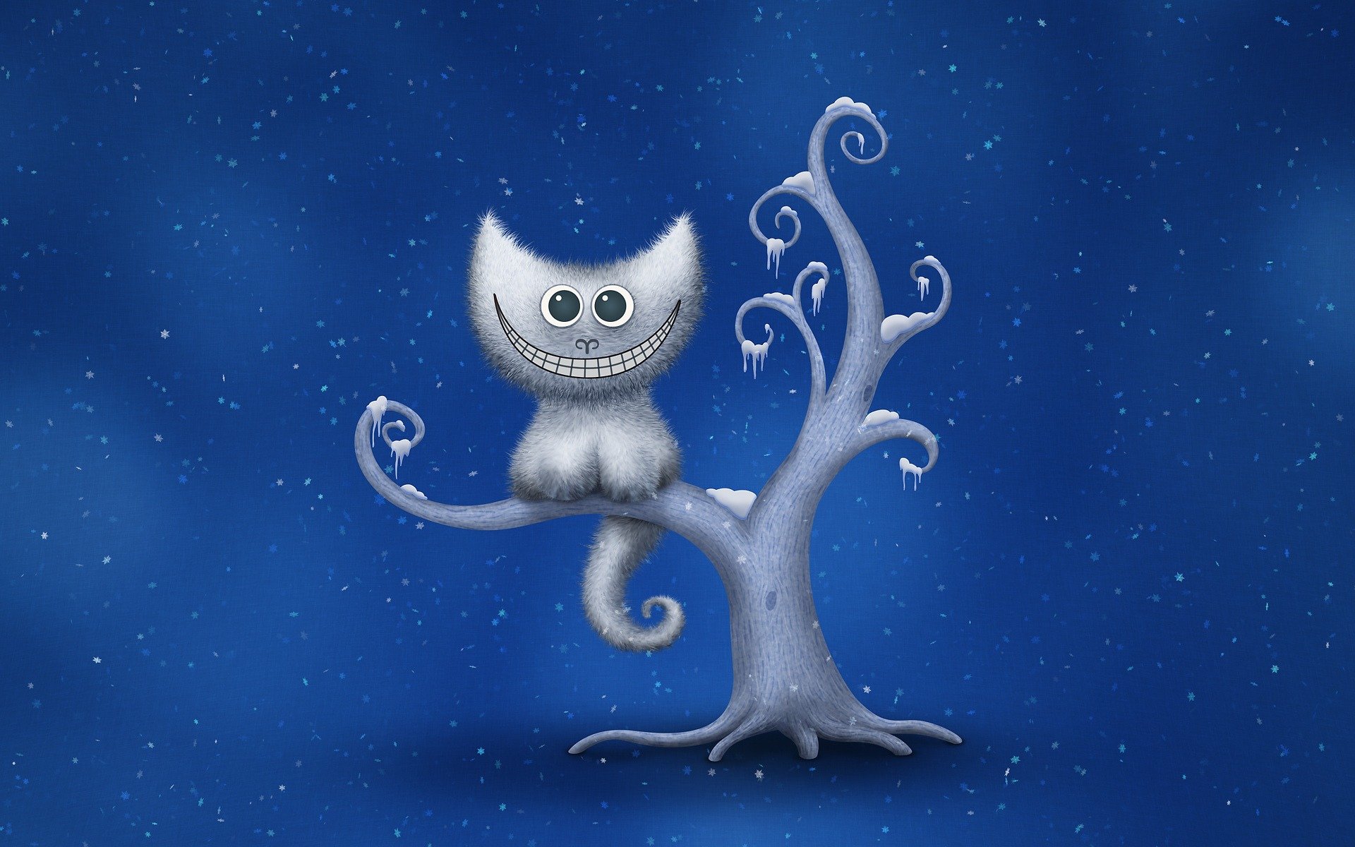 gatto del cheshire sorriso albero inverno fiocchi di neve