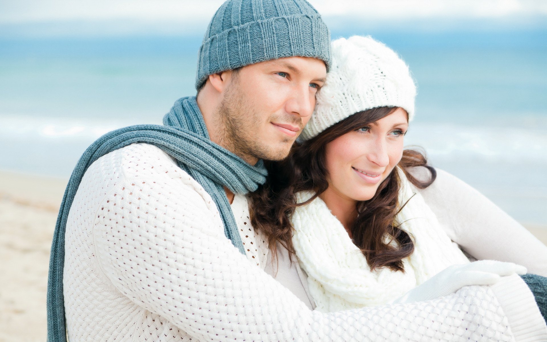 beach hugs lovers smile eyes scarf man girl gently love