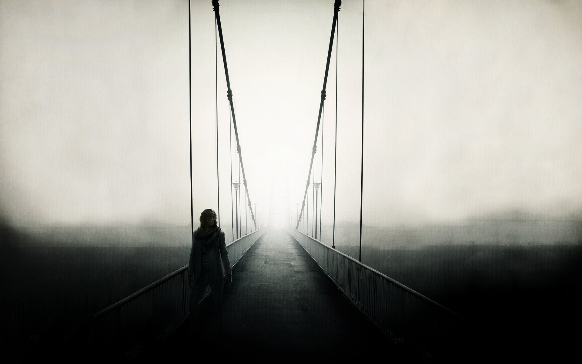 estado de ánimo paisaje vista puente puente pasamanos valla valla camino camino hombre personas chico hombre niebla ver camino camino foto